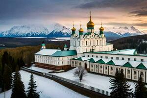 el kremlin en invierno con el montañas en el antecedentes. generado por ai foto