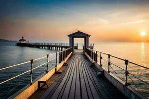 a pier at sunset with a wooden walkway. AI-Generated photo