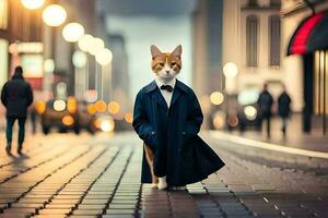 un gato vestido en un traje y Corbata en pie en un calle. generado por ai foto