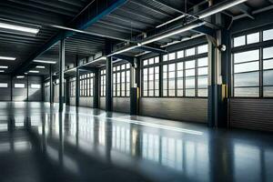 an empty warehouse with large windows and lots of light. AI-Generated photo