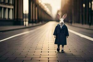 a rabbit wearing a coat and tie standing in the middle of a street. AI-Generated photo