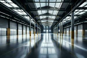 an empty warehouse with a large skylight. AI-Generated photo