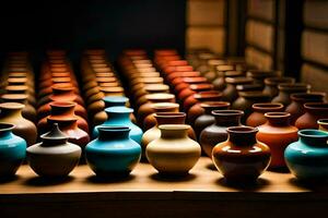 a row of colorful vases on a table. AI-Generated photo