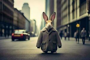un Conejo vistiendo un Saco y Corbata en pie en un calle. generado por ai foto