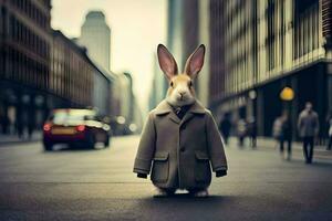 a rabbit wearing a coat and tie standing on a street. AI-Generated photo