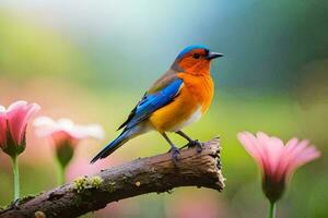 a colorful bird is perched on a branch in front of pink flowers. AI-Generated photo