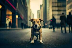 un perro es en pie en el medio de un ciudad calle. generado por ai foto