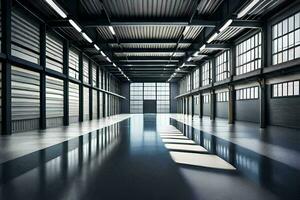 an empty warehouse with a large open door. AI-Generated photo