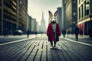 a rabbit wearing a red coat standing on a street. AI-Generated photo