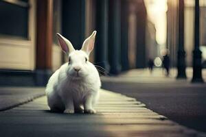 white rabbit sitting on the sidewalk in a city. AI-Generated photo