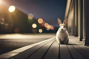 a rabbit sitting on the sidewalk at night. AI-Generated photo