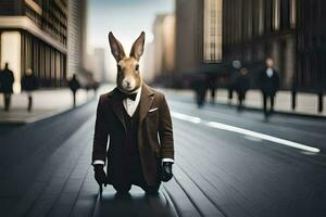 a rabbit wearing a suit and tie on the street. AI-Generated photo