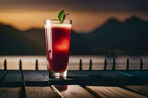 a red drink sitting on a wooden table in front of a lake. AI-Generated photo