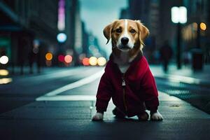 un perro vistiendo un rojo chaqueta sentado en el calle. generado por ai foto