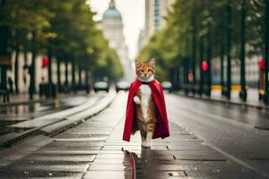 a cat dressed as a superhero walks down a street. AI-Generated photo