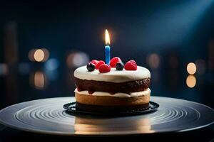 a birthday cake with a single candle on top. AI-Generated photo