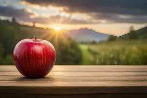 an apple sits on a wooden table in front of a sunset. AI-Generated photo