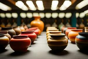 a row of colorful vases on a table. AI-Generated photo