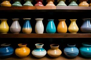 a shelf full of colorful vases on a wooden shelf. AI-Generated photo