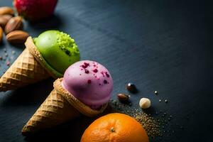 three ice cream cones with different flavors. AI-Generated photo