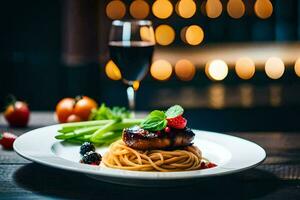 un plato de pasta con carne y vegetales en un de madera mesa. generado por ai foto