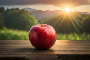 an apple sits on a wooden table in front of a sunset. AI-Generated photo