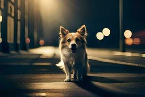a dog is standing on a street at night. AI-Generated photo
