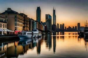 el ciudad horizonte es reflejado en el agua a puesta de sol. generado por ai foto