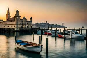 boats docked at the pier in front of a church. AI-Generated photo