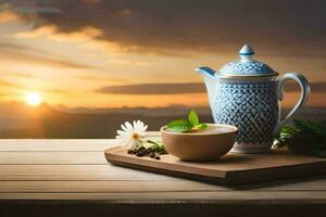 the tea pot and cup are on a wooden table with a view of the sunset. AI-Generated photo