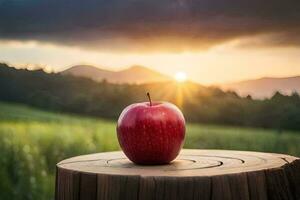 an apple sits on top of a stump in front of a sunset. AI-Generated photo