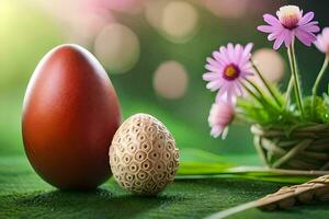 two eggs and flowers on a green background. AI-Generated photo