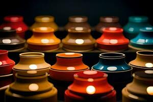 a row of colorful vases with lit candles. AI-Generated photo