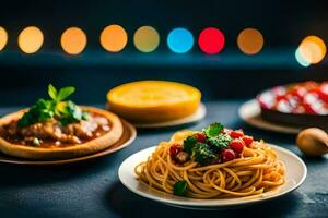 spaghetti and meatballs on a table with lights. AI-Generated photo