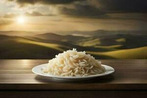 rice in a plate on a table. AI-Generated photo