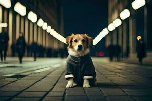 a dog wearing a jacket sits on the street at night. AI-Generated photo