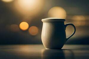 a coffee cup sitting on a table in front of a blurry background. AI-Generated photo