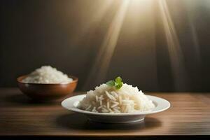the rice is served in a bowl on a wooden table. AI-Generated photo