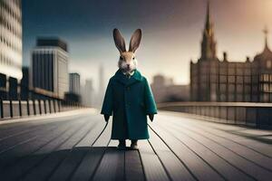 a rabbit in a green coat stands on a bridge. AI-Generated photo