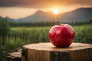 an apple sits on top of a stump in front of a sunset. AI-Generated photo