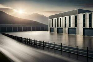 a large warehouse with a mountain in the background. AI-Generated photo