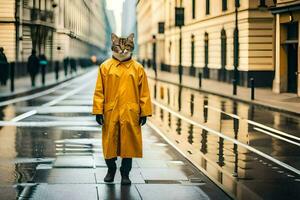 a cat wearing a yellow raincoat on a rainy street. AI-Generated photo