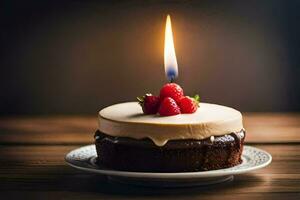 a small chocolate cake with a single candle on top. AI-Generated photo