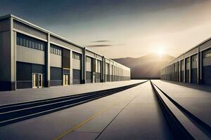 a large warehouse with a sun setting behind it. AI-Generated photo