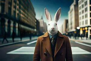 a rabbit wearing a suit and tie on the street. AI-Generated photo