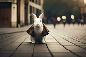 un blanco Conejo es sentado en el suelo en un ciudad. generado por ai foto