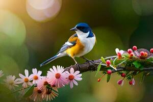 a bird sitting on a branch with flowers in the background. AI-Generated photo