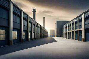 a long empty industrial building with a factory in the background. AI-Generated photo