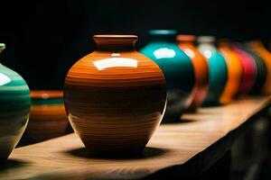 a row of colorful vases on a wooden shelf. AI-Generated photo