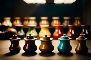 a row of colorful vases on a table. AI-Generated photo